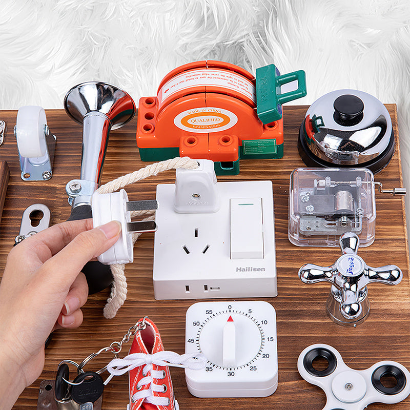Montessori early education busy board with locks, latches, and gears for fine motor skill development
