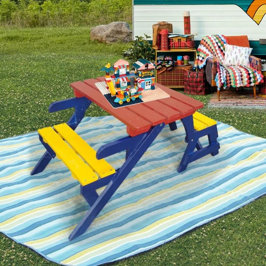 Natural wood kid table with 2 sturdy benches and matching armchair, blending style and function for toddler spaces