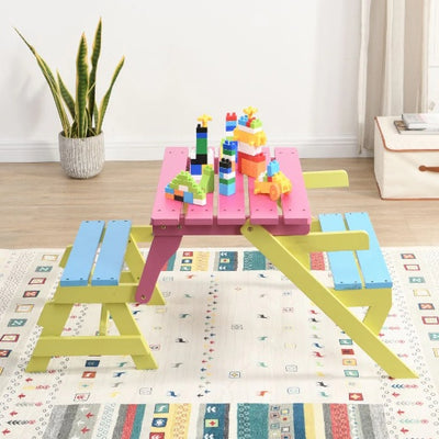  Wooden kid's multi-functional armchair and matching table with 2 benches—perfect for play, snacks, and learning activities